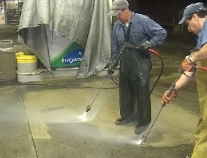 Gas station pump island cleaning