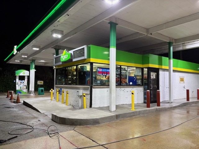 Gas station canopy and apron after overnight washing
